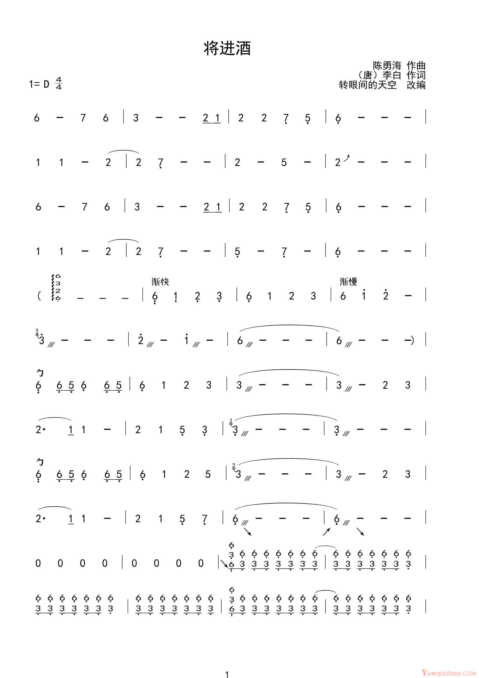 古筝谱[将进酒/陈勇海曲、转眼间的天空改编]简谱