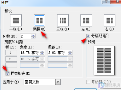 word文档等宽两栏如何设置