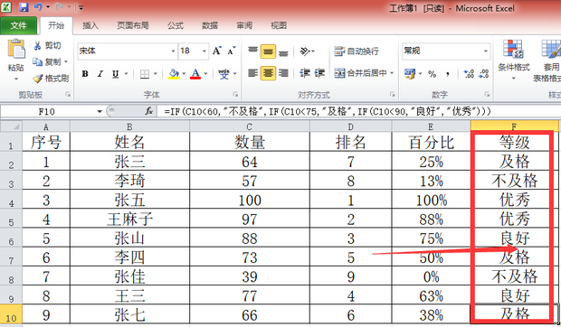 如何使用excel公式法成绩单排名、百分比排名和等级判断