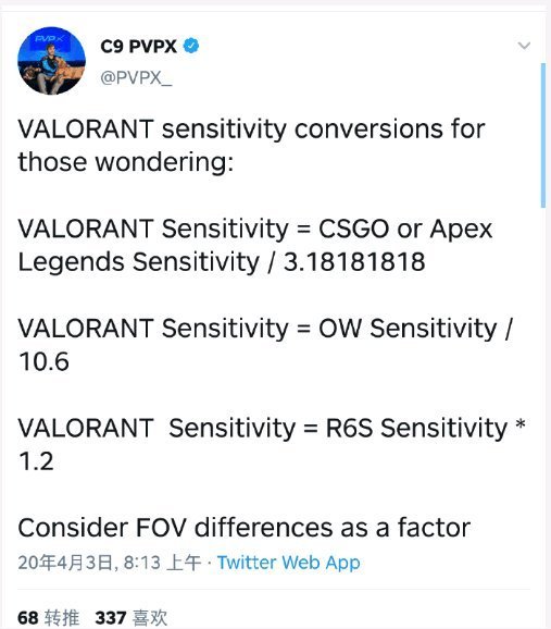 Valorant鼠标灵敏度转换参考比例 CSGO灵敏度转换