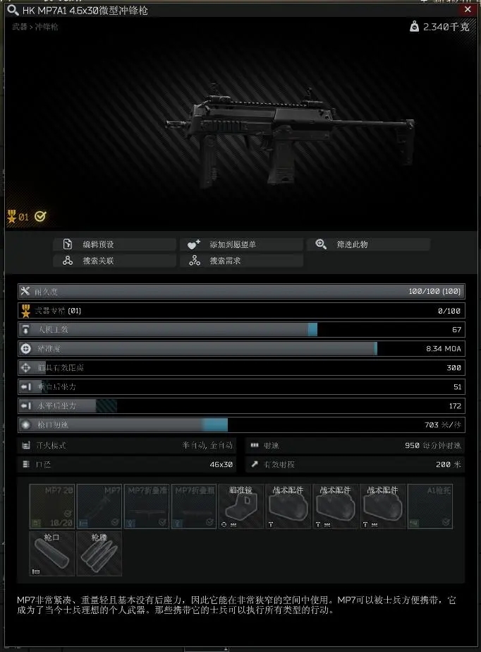 逃离塔科夫12.9版本MP7A1属性详情与面板分析