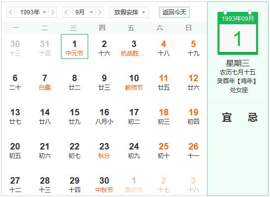 1993年农历阳历表 1993年阴阳历对照表