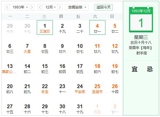 1993年农历阳历表 1993年阴阳历对照表
