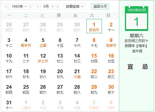 1993年农历阳历表 1993年阴阳历对照表