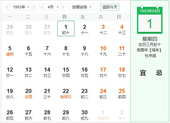 1993年农历阳历表 1993年阴阳历对照表