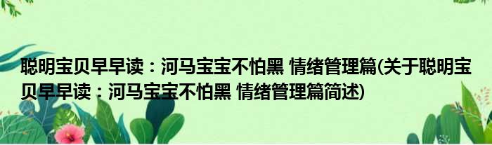 聪明宝贝早早读：河马宝宝不怕黑 情绪管理篇(关于聪明宝贝早早读：河马宝宝不怕黑 情绪管理篇简述)