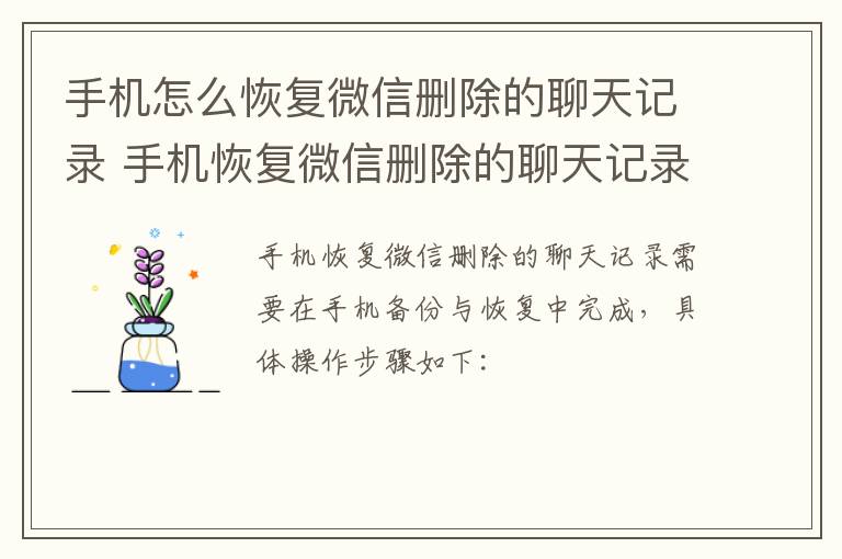 手机怎么恢复微信删除的聊天记录 手机恢复微信删除的聊天记录方法